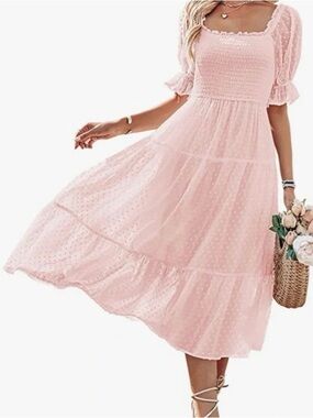 Romantic Pink Smocked Maxi Dress with Puff Sleeves